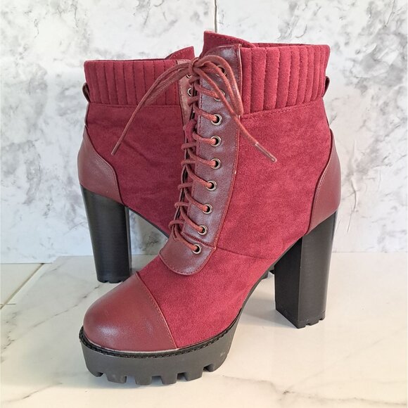 Women’s Moda Burgundy Lace-Up Chunky Block Heel Ankle Booties - Picture 8 of 11